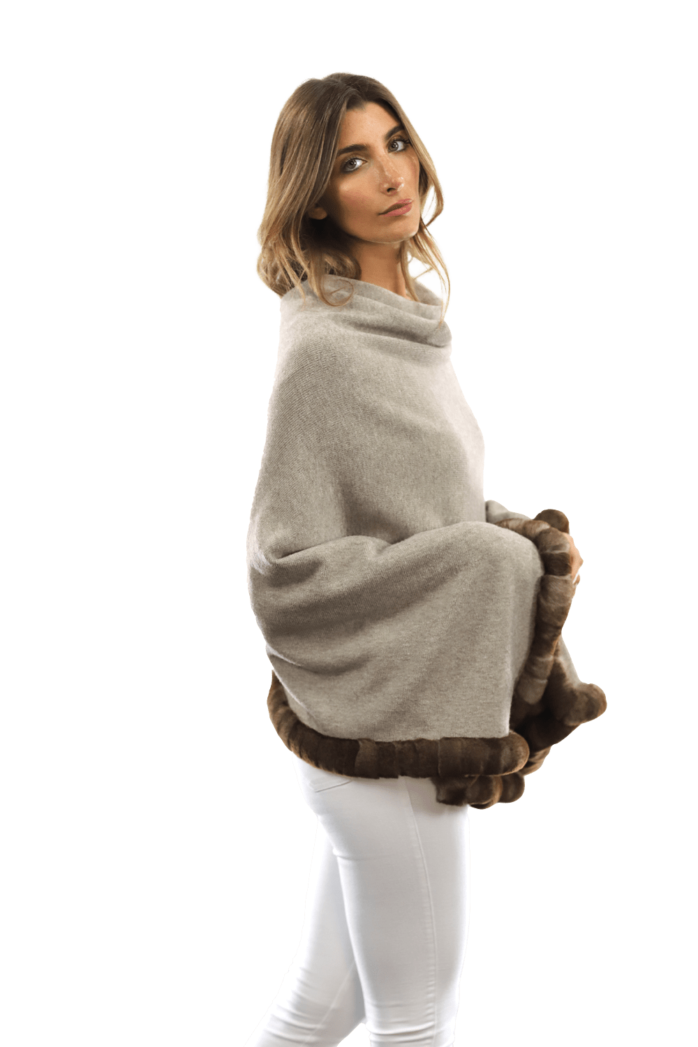 Poncho with Rex Rabbit Trim - Oatmeal - Poncho - La Fiorentina B40-RF
