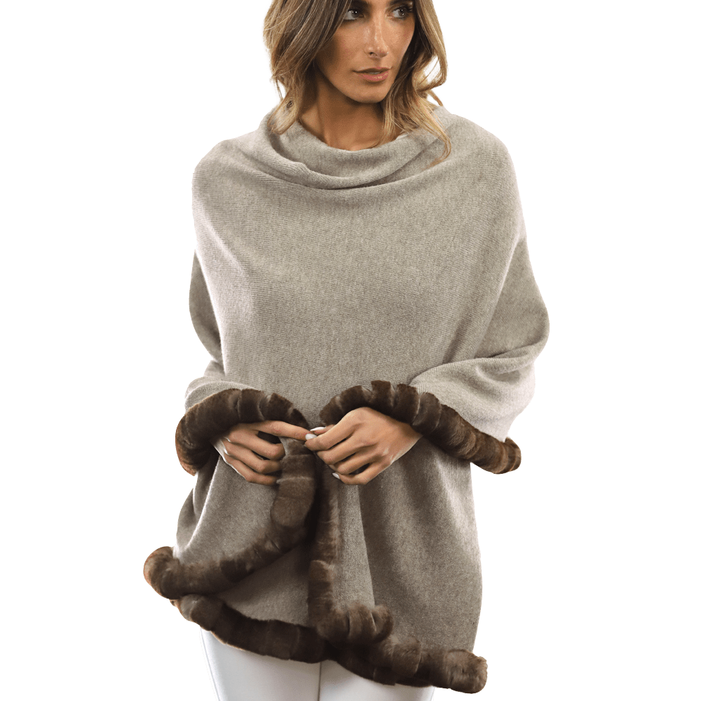 Poncho with Rex Rabbit Trim - Oatmeal - Poncho - La Fiorentina B40-RF