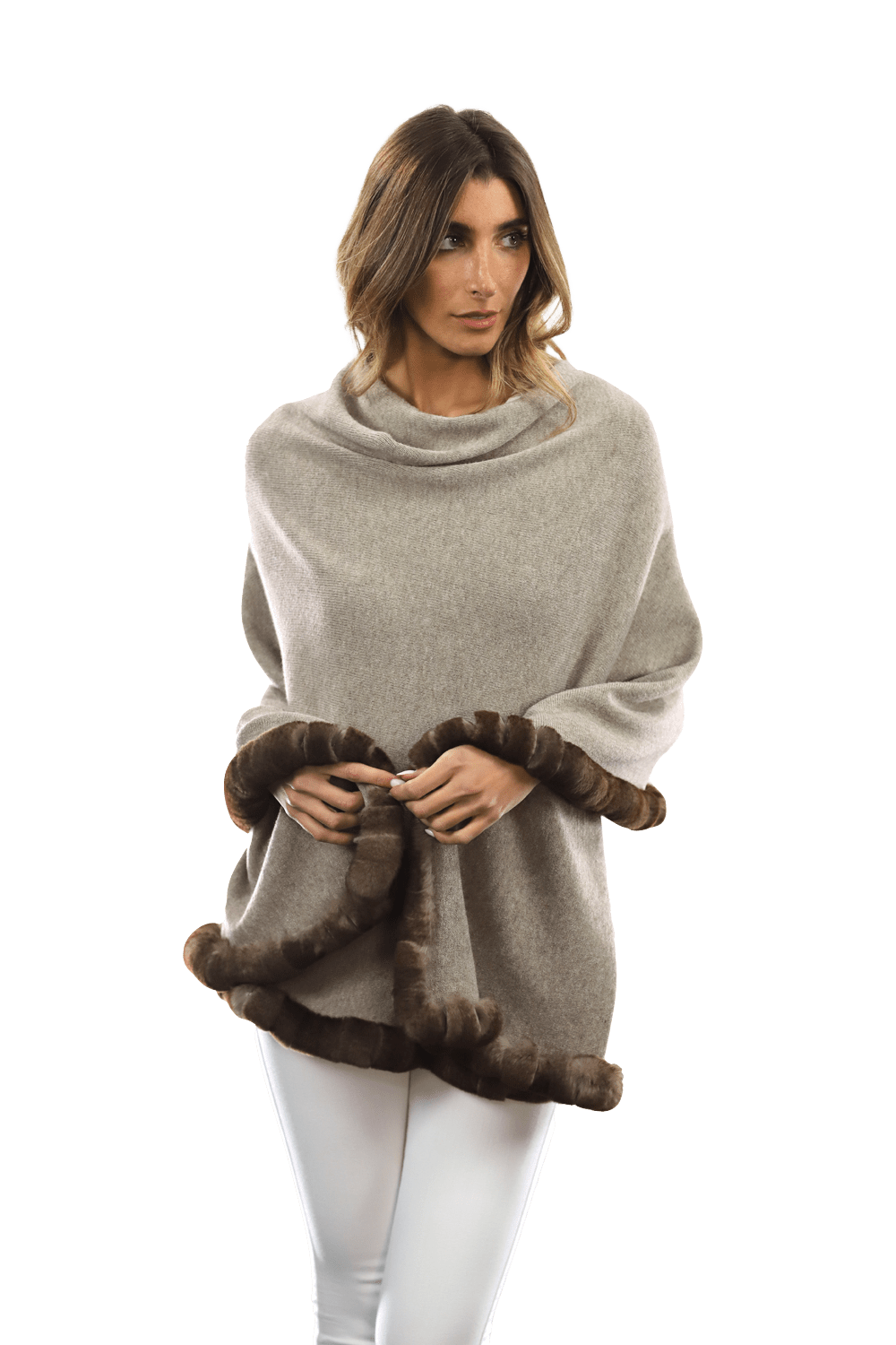 Poncho with Rex Rabbit Trim - Oatmeal - Poncho - La Fiorentina B40-RF