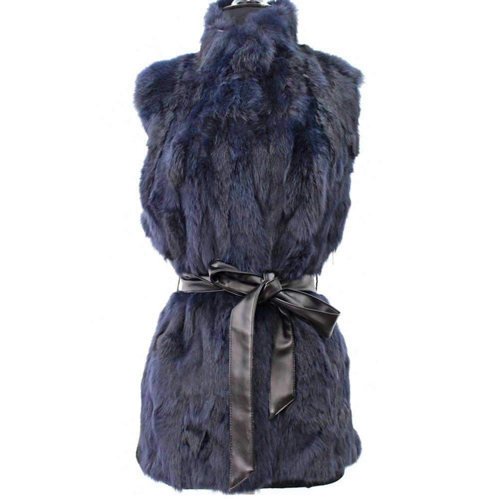 Rabbit Front Vest w/ Leather Belt-Navy - Fur Vest - La Fiorentina '30301