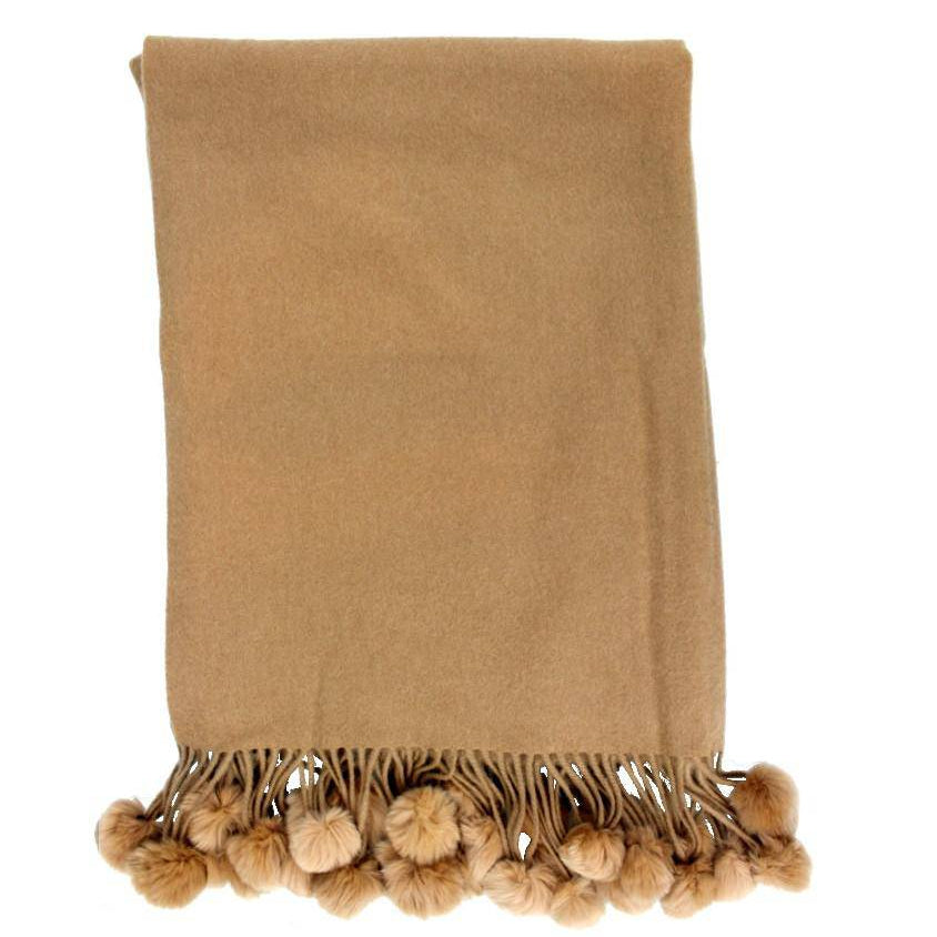 Rabbit Fur Pom Pom Trim Wrap - Camel - Wrap - La Fiorentina 0101WRP