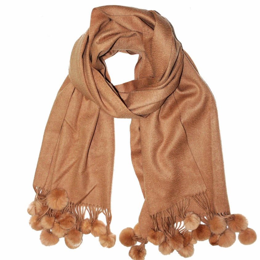Rabbit Fur Pom Pom Trim Wrap - Camel - Wrap - La Fiorentina 0101WRP