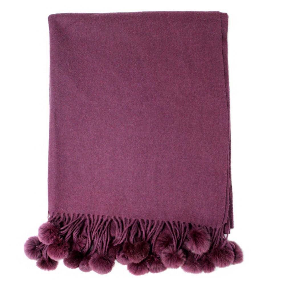 Rabbit Fur Pom Pom Trim Wrap - Plum - Fur Muffler - La Fiorentina 0101WRP