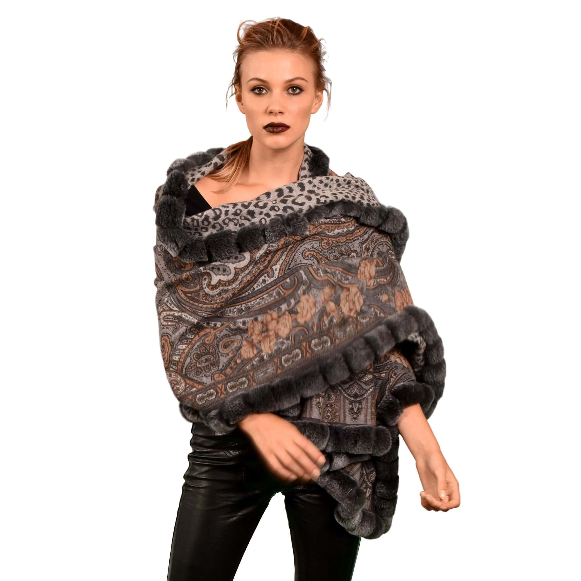 Reversible Cashmere Wrap with Rex Rabbit Trim - Grey - Clothing Accessories - La Fiorentina CASHRF-801