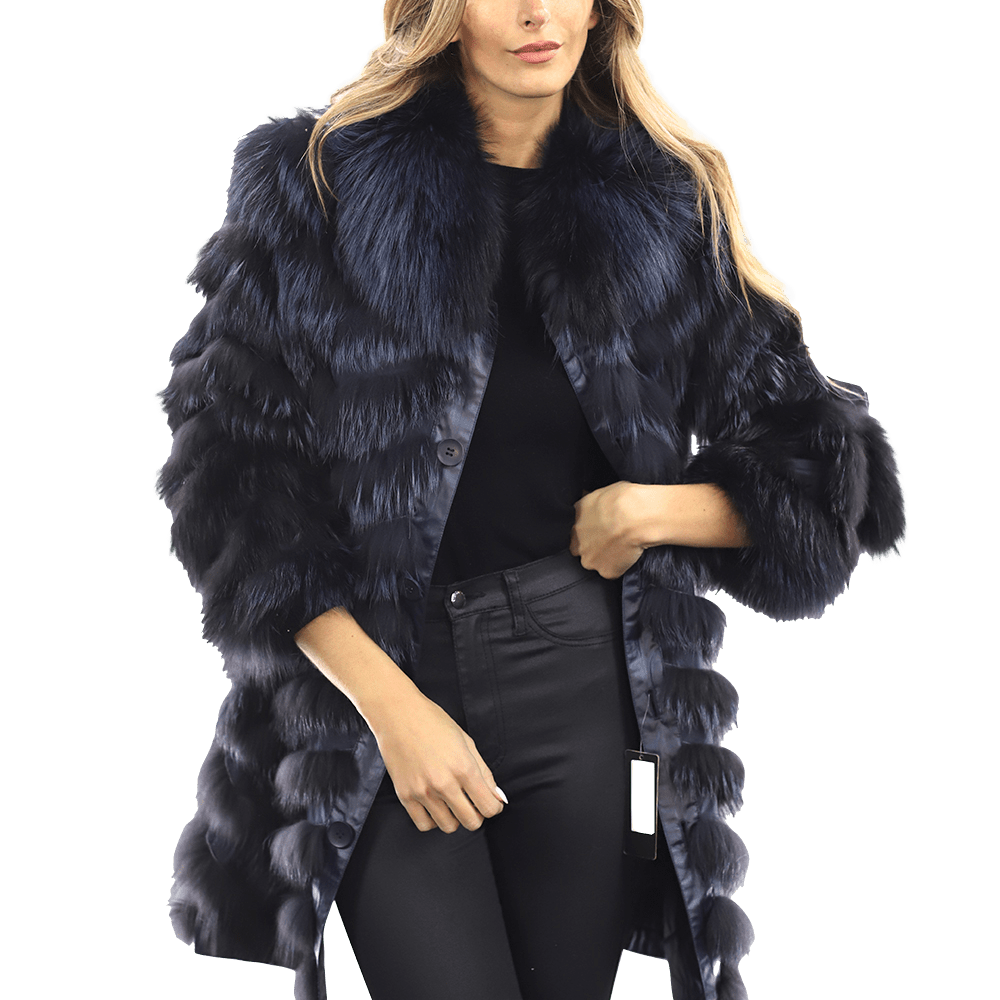 Reversible Silver Fox Fur Coat - Dark Blue - Coat - La Fiorentina SN60_DARKBLUE