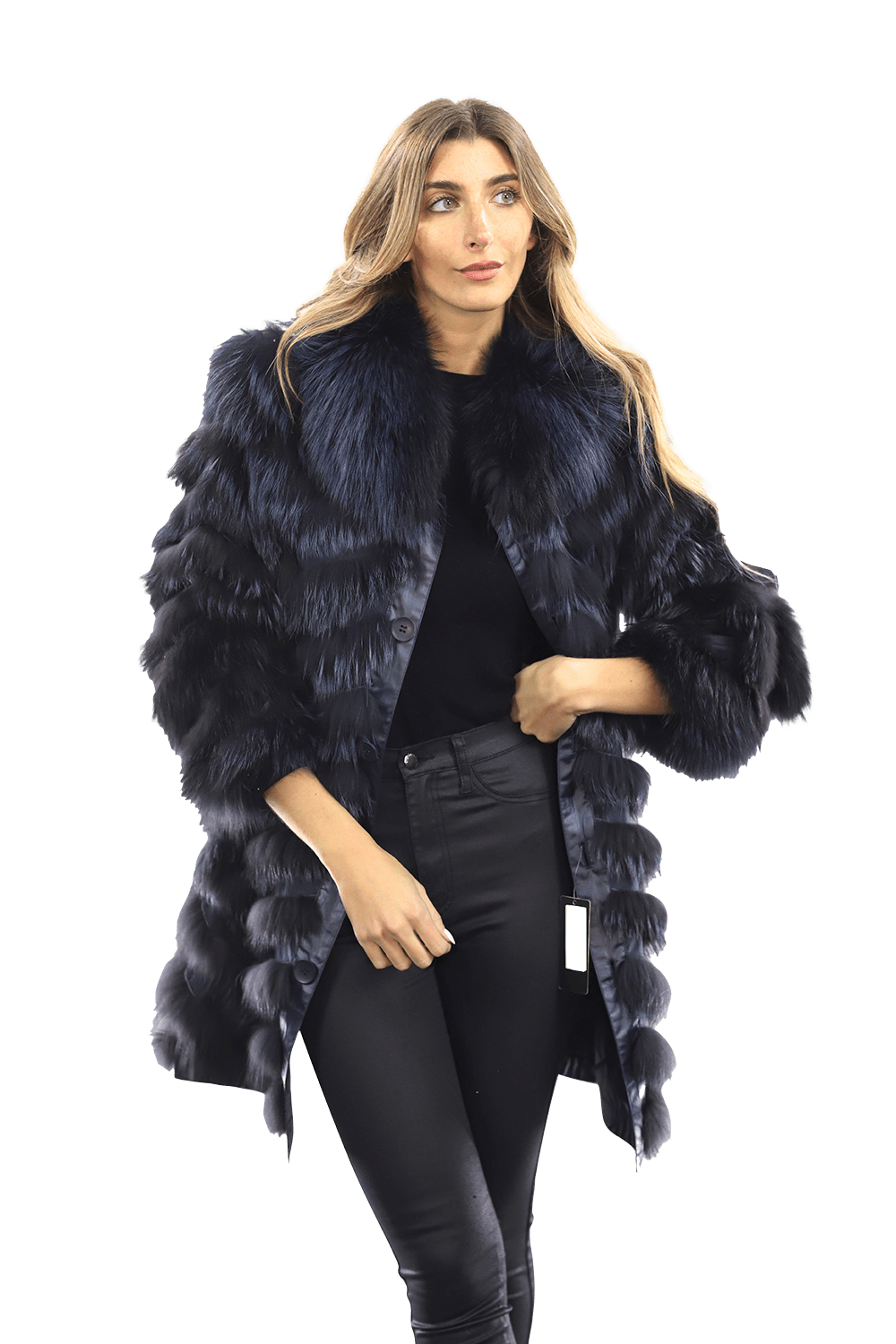 Reversible Silver Fox Fur Coat - Dark Blue - Coat - La Fiorentina SN60_DARKBLUE