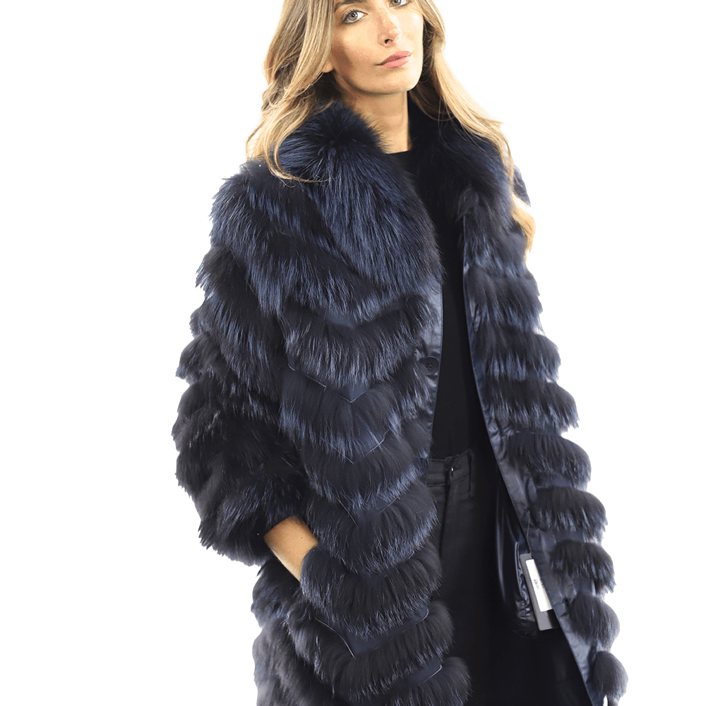Reversible Silver Fox Fur Coat - Dark Blue - Coat - La Fiorentina SN60_DARKBLUE