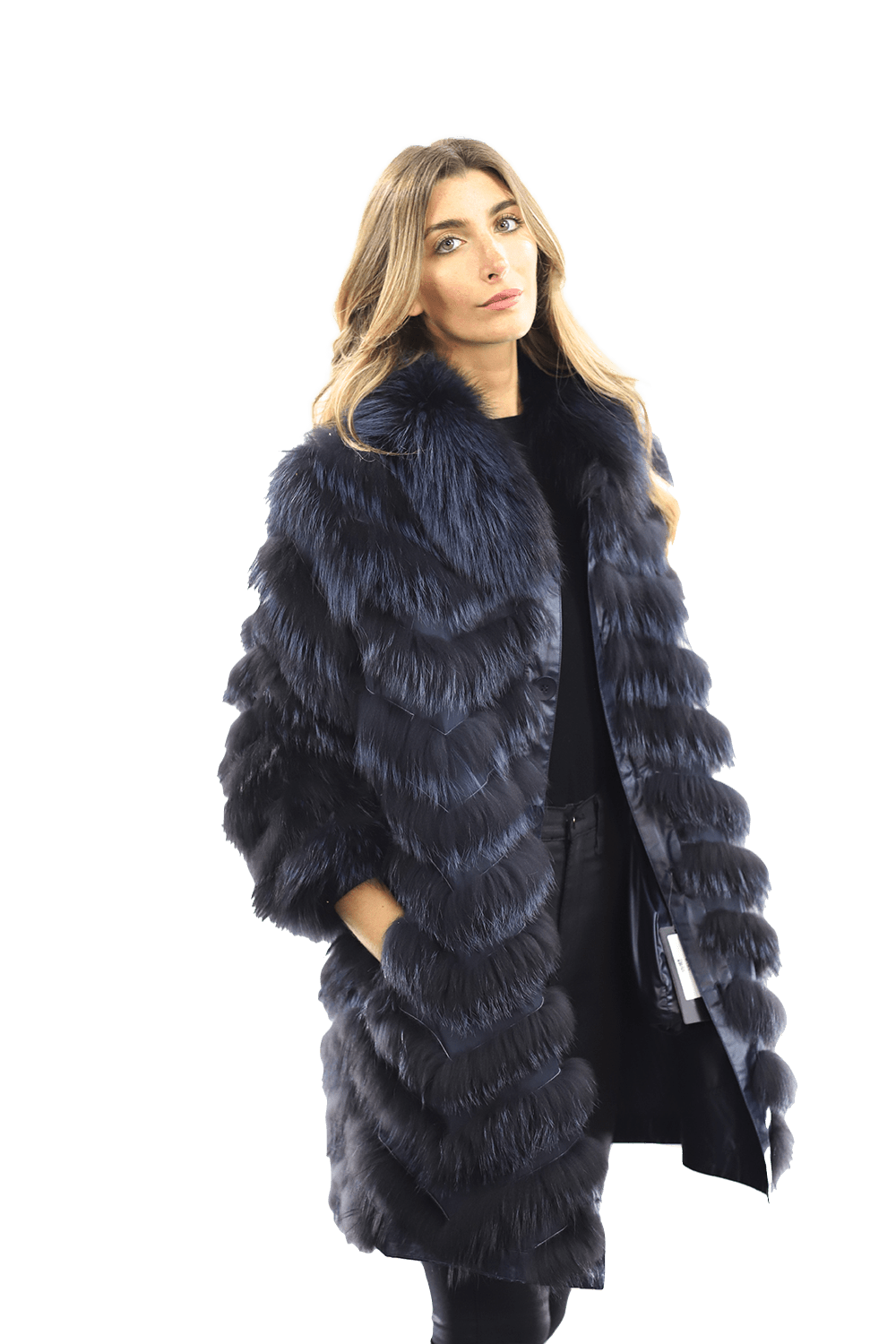 Reversible Silver Fox Fur Coat - Dark Blue - Coat - La Fiorentina SN60_DARKBLUE