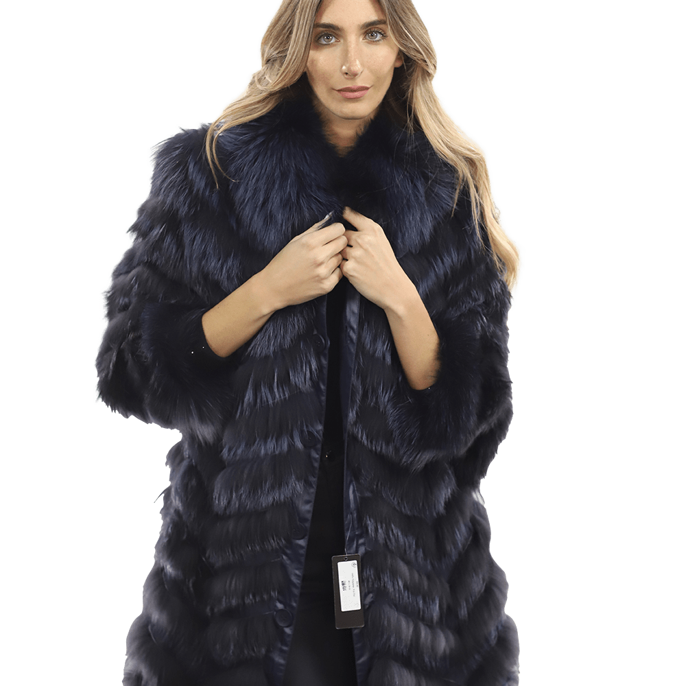 Reversible Silver Fox Fur Coat - Dark Blue - Coat - La Fiorentina SN60_DARKBLUE