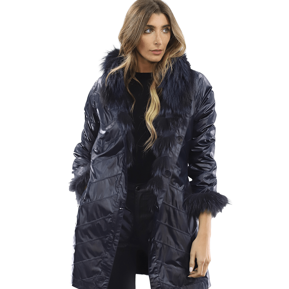 Reversible Silver Fox Fur Coat - Dark Blue - Coat - La Fiorentina SN60_DARKBLUE