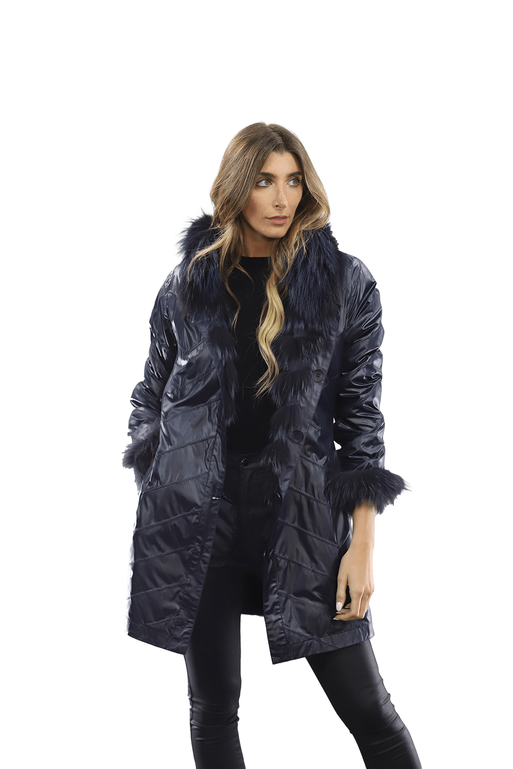 Reversible Silver Fox Fur Coat - Dark Blue - Coat - La Fiorentina SN60_DARKBLUE