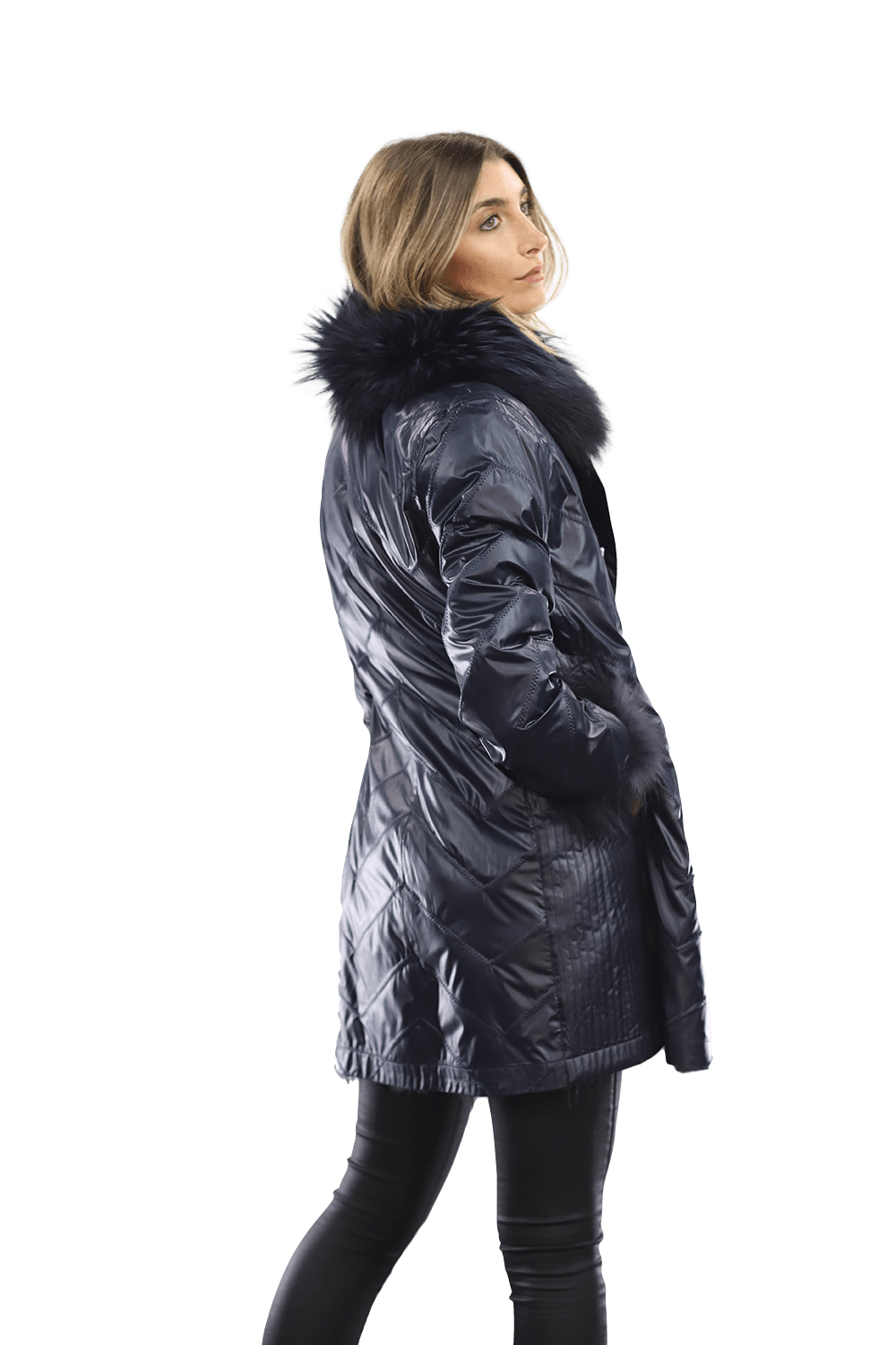 Reversible Silver Fox Fur Coat - Dark Blue - Coat - La Fiorentina SN60_DARKBLUE