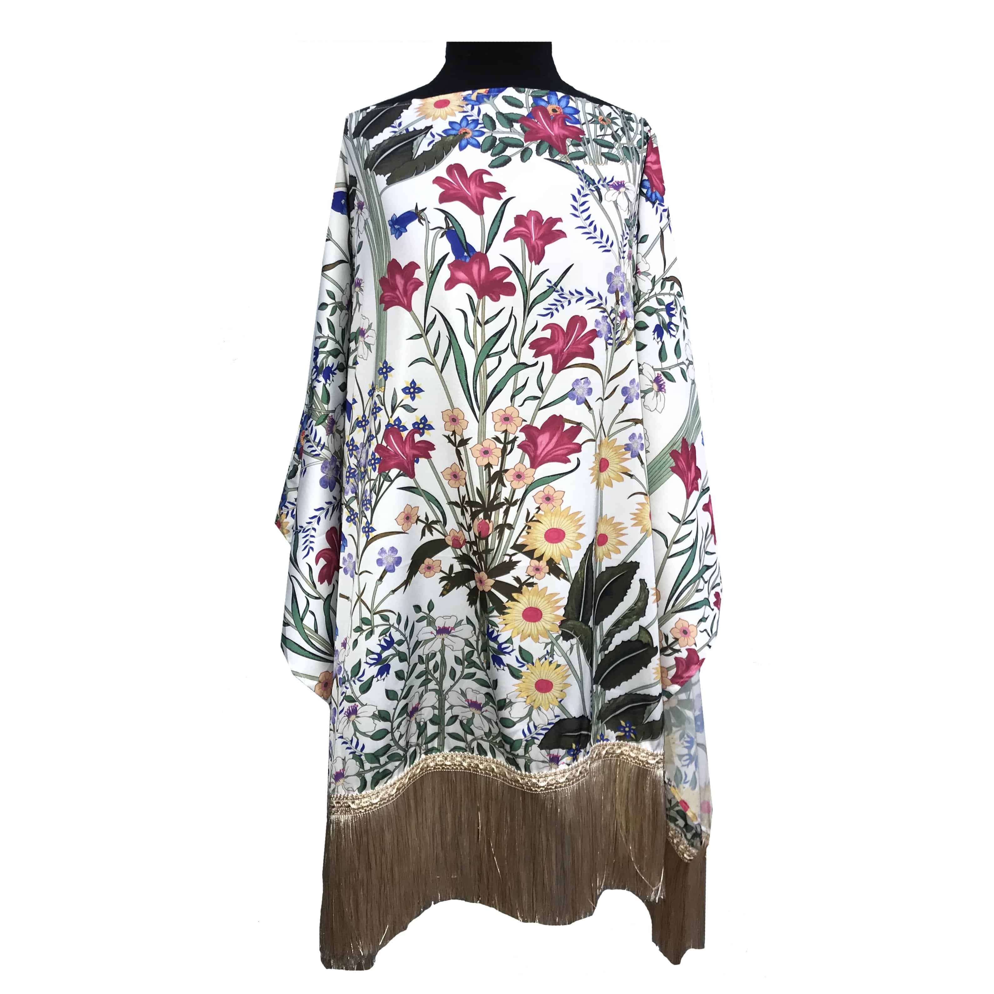 Silk like Poncho with Fringe Trim - Poncho - La Fiorentina,Beige TN1735-A-1