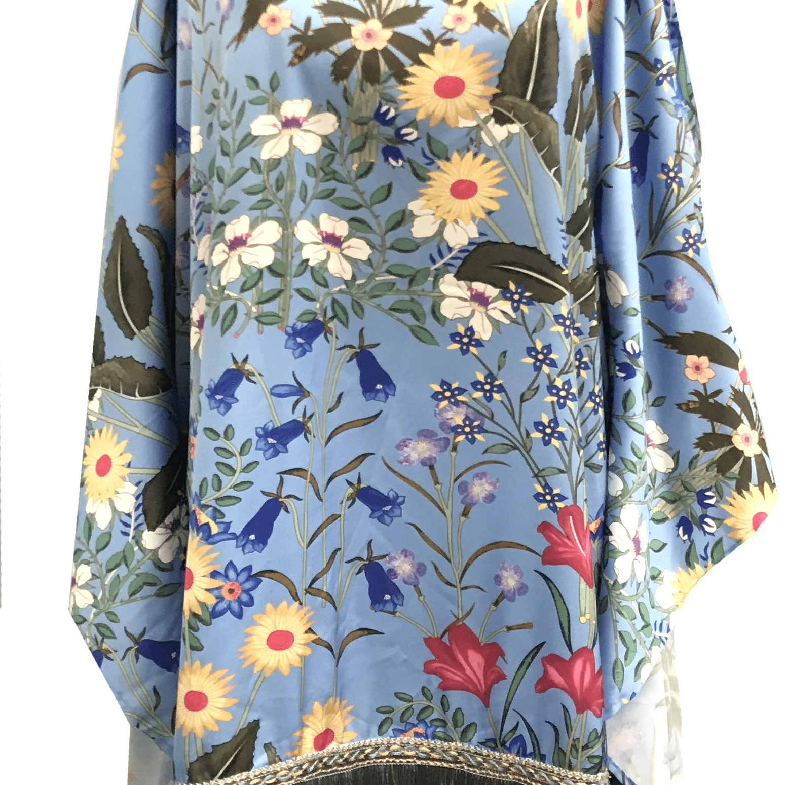 Silk like Poncho with Fringe Trim - Poncho - La Fiorentina,Blue TN1735-A-2