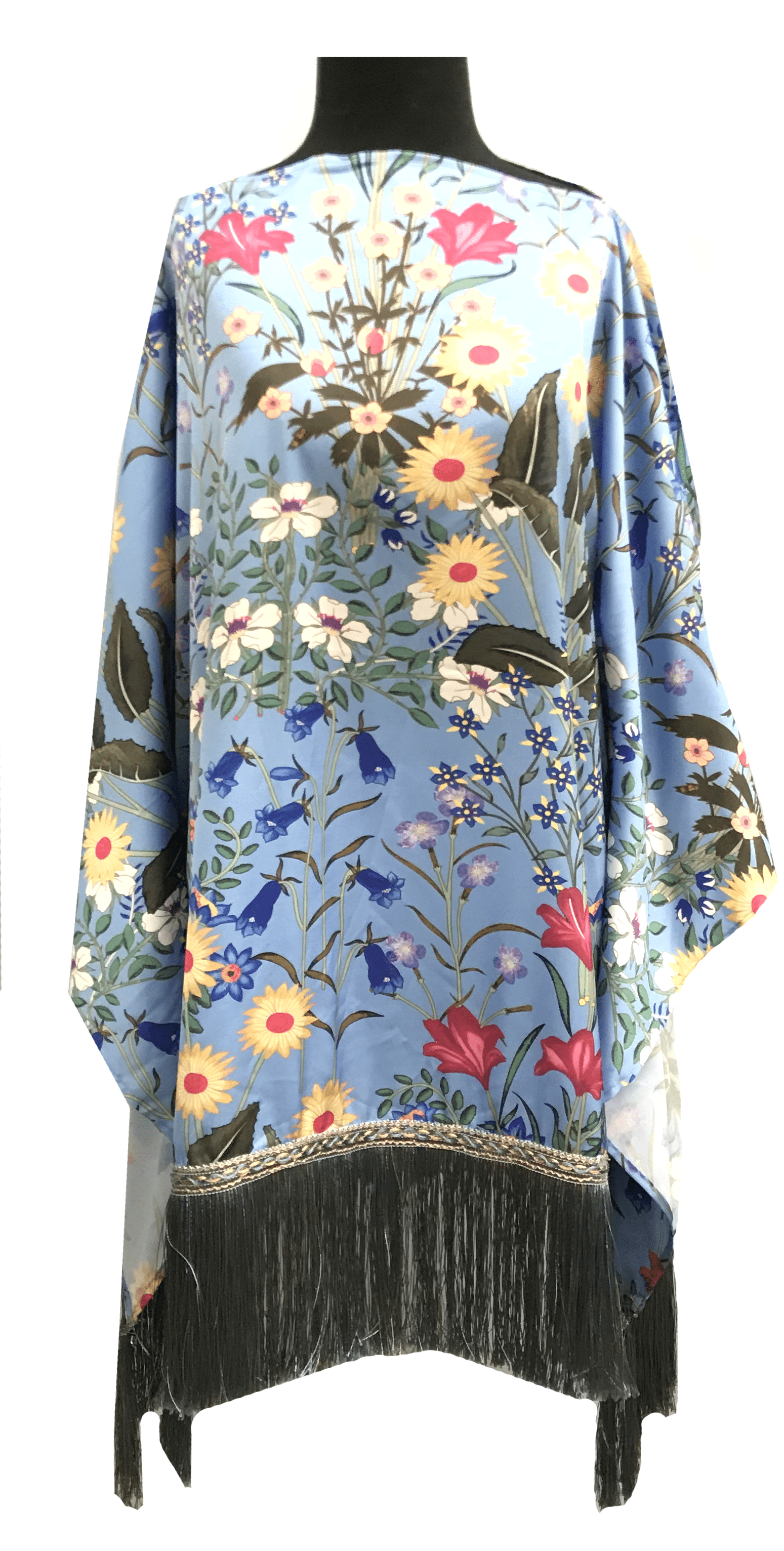 Silk like Poncho with Fringe Trim - Poncho - La Fiorentina,Blue TN1735-A-2