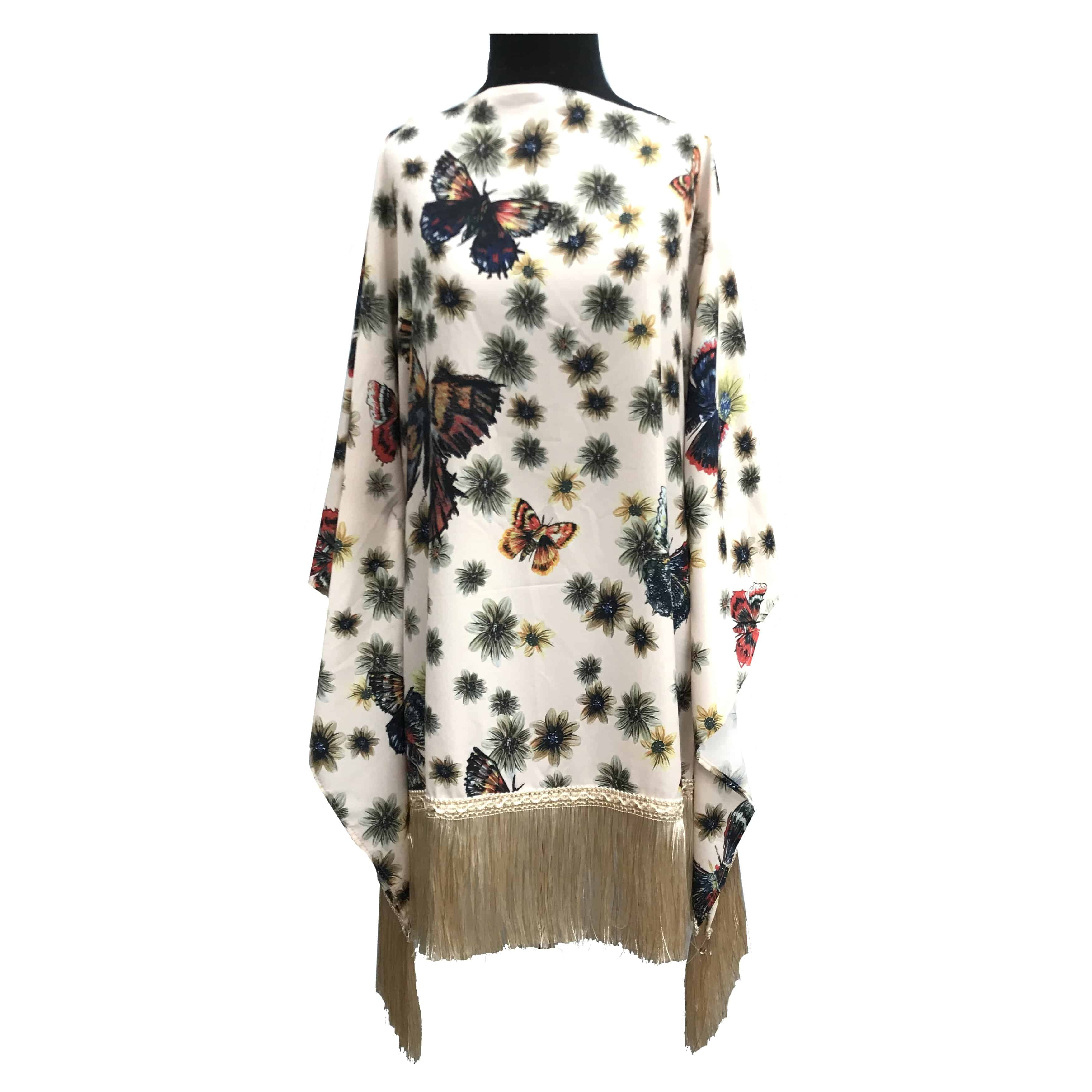 Silk Like Poncho with Fringe Trim - Poncho - La Fiorentina TN1735-B