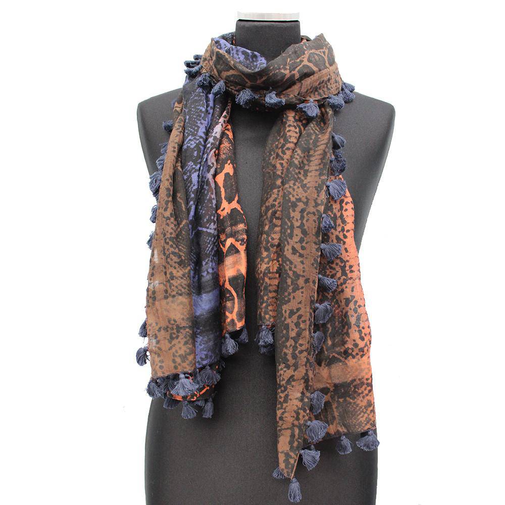 Snake Print Pom Pom Fringe Scarf - Scarf - La Fiorentina EF-2597-2