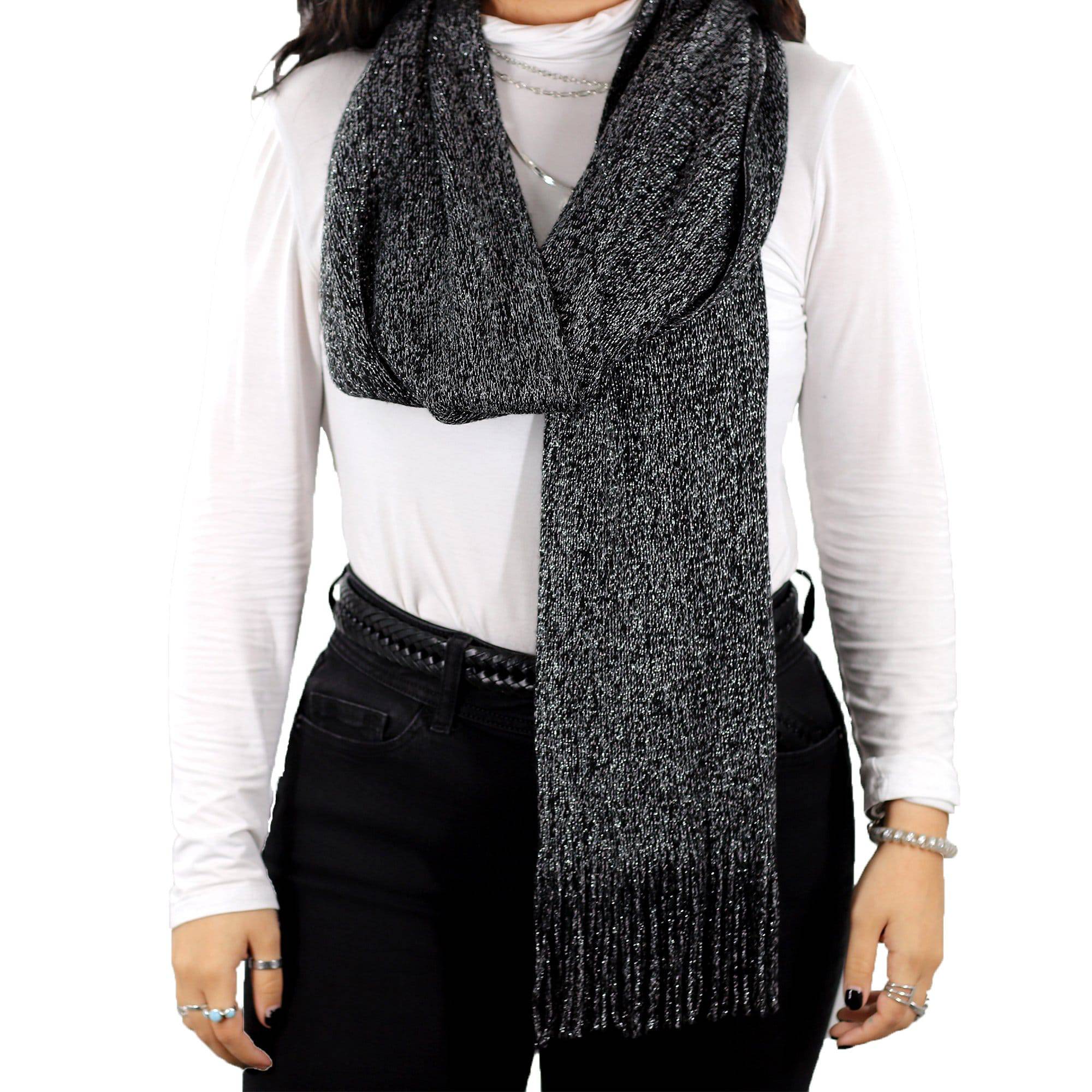 Solid Lurex Knit Scarf With Fringe-Black - Scarf - La Fiorentina NF120813