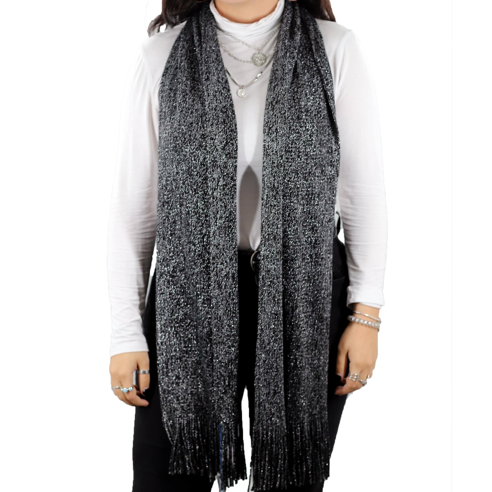 Solid Lurex Knit Scarf With Fringe-Black - Scarf - La Fiorentina NF120813