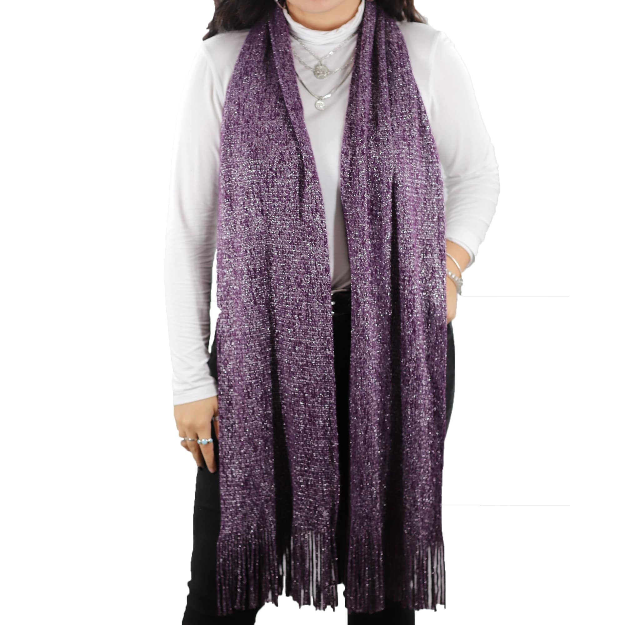 Solid Lurex Knit Scarf With Fringe-Purple - Scarf - La Fiorentina NF120813