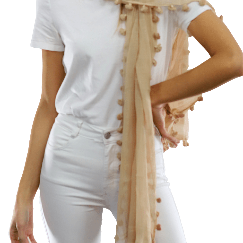 Solid Scarf w/ Pom Poms - Beige - Scarf - La Fiorentina EF-2188S