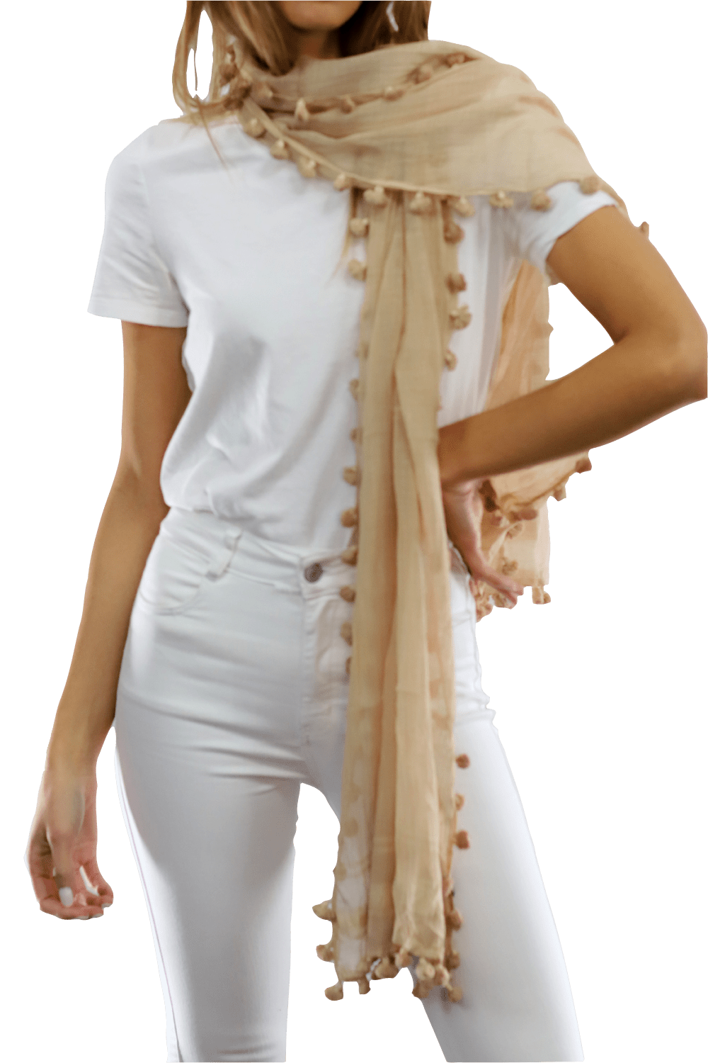 Solid Scarf w/ Pom Poms - Beige - Scarf - La Fiorentina EF-2188S