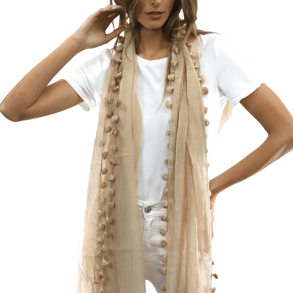 Solid Scarf w/ Pom Poms - Beige - Scarf - La Fiorentina EF-2188S