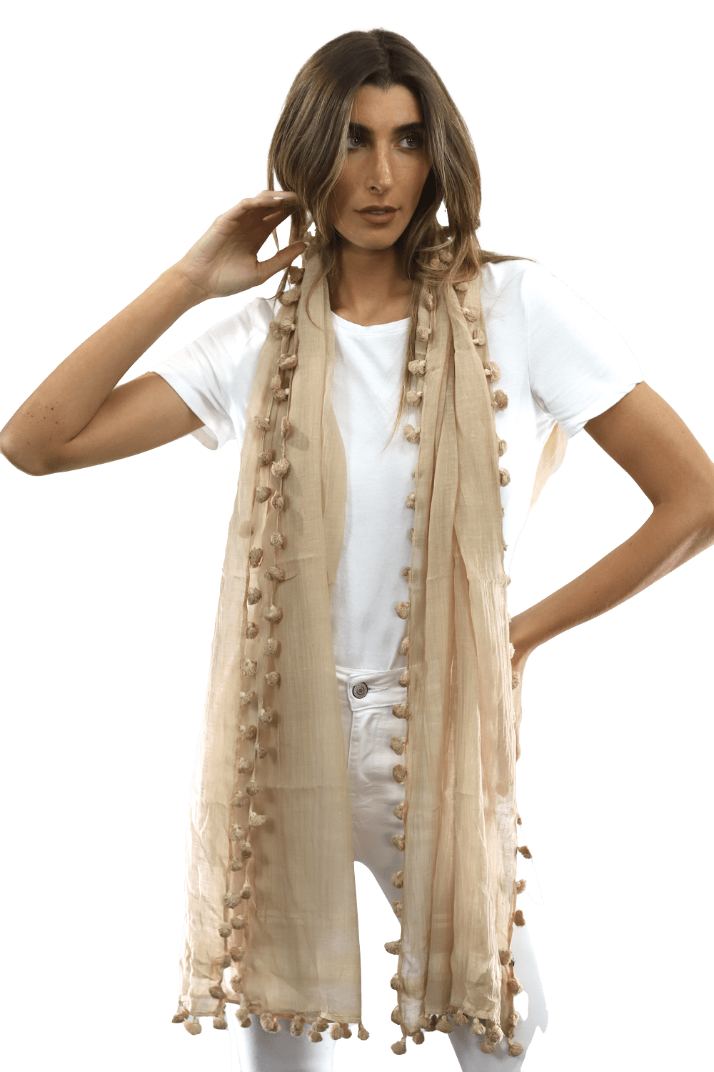 Solid Scarf w/ Pom Poms - Beige - Scarf - La Fiorentina EF-2188S