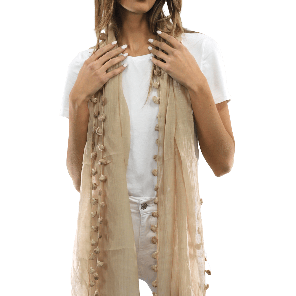 Solid Scarf w/ Pom Poms - Beige - Scarf - La Fiorentina EF-2188S