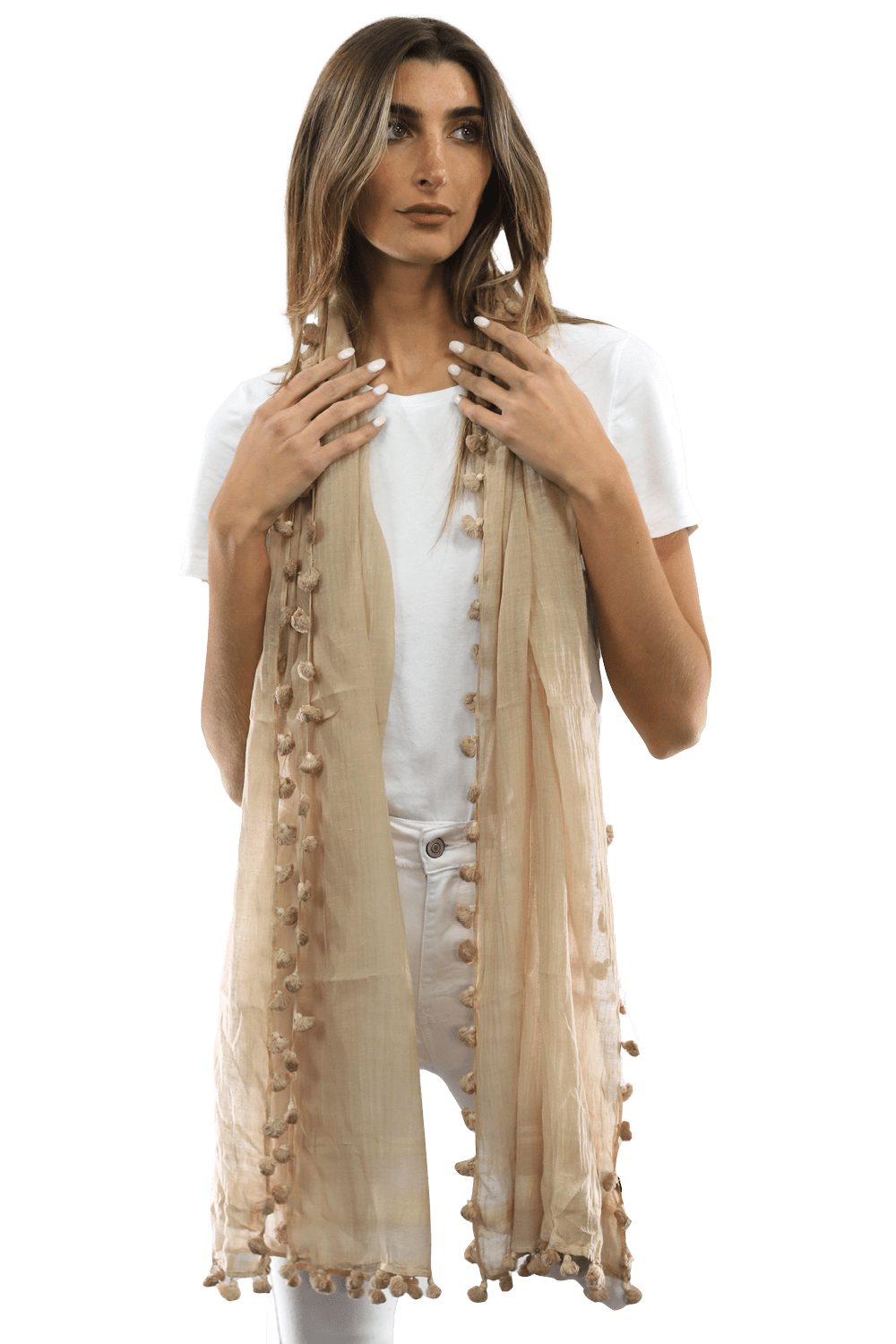 Solid Scarf w/ Pom Poms - Beige - Scarf - La Fiorentina EF-2188S