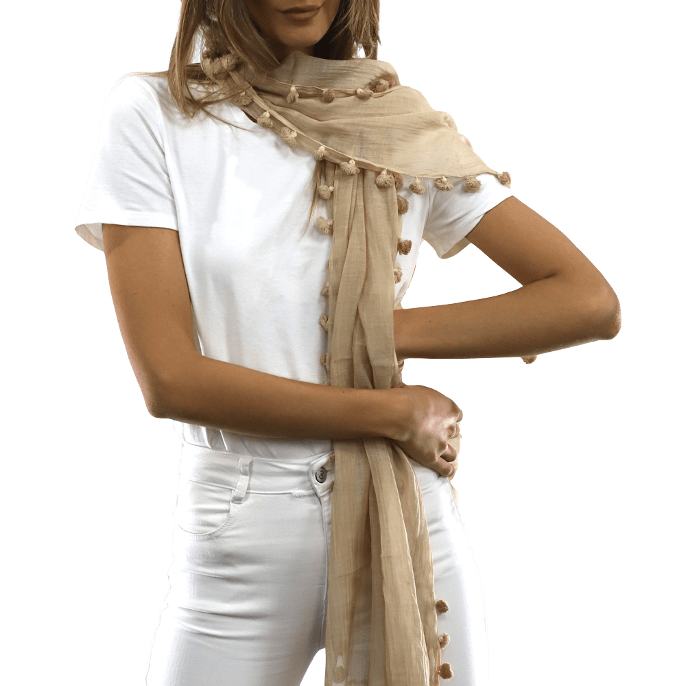 Solid Scarf w/ Pom Poms - Beige - Scarf - La Fiorentina EF-2188S