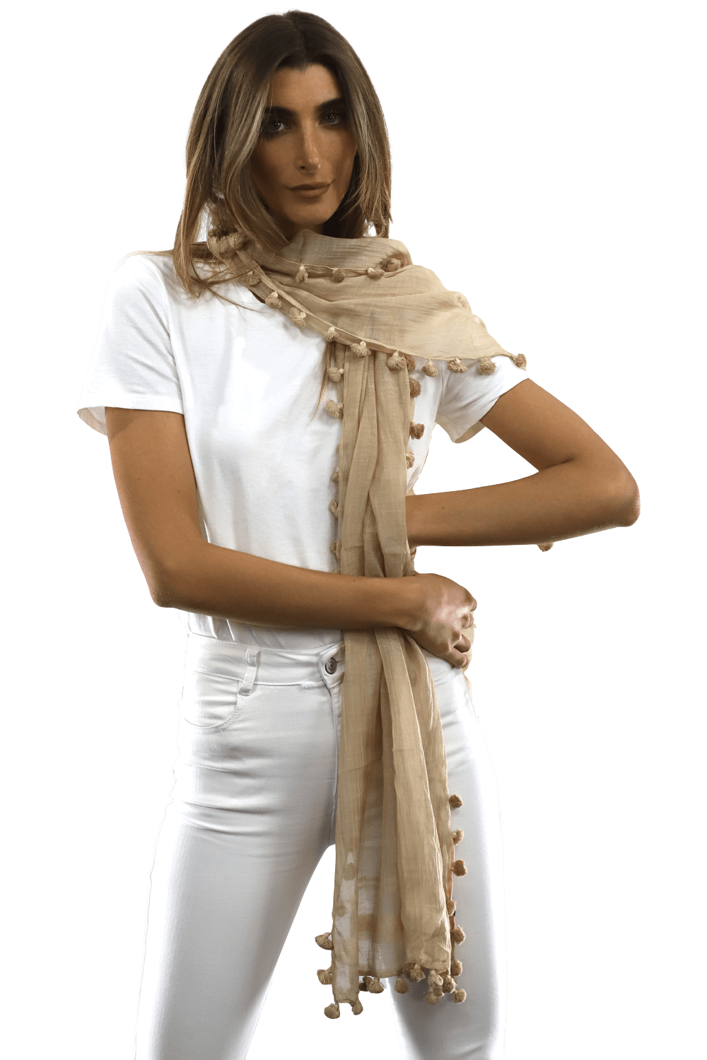 Solid Scarf w/ Pom Poms - Beige - Scarf - La Fiorentina EF-2188S
