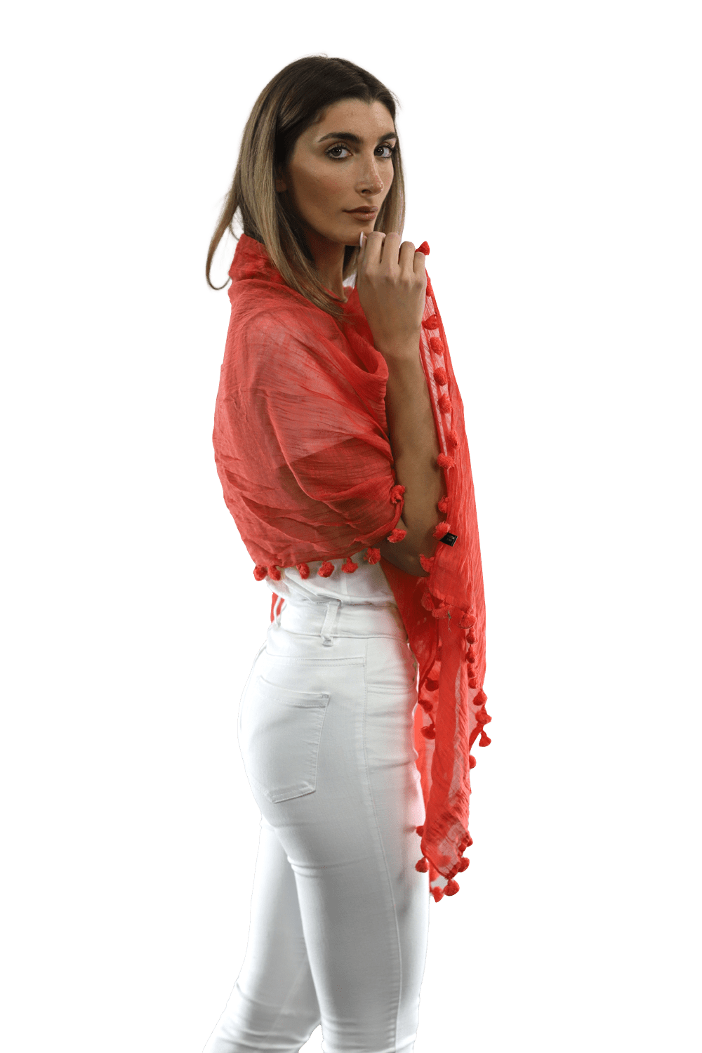 Solid Scarf w/ Pom Poms-Cantaloupe - Scarf - La FiorentinaEF-2188S