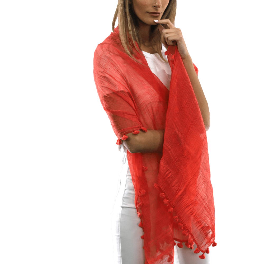 Solid Scarf w/ Pom Poms-Cantaloupe - Scarf - La FiorentinaEF-2188S