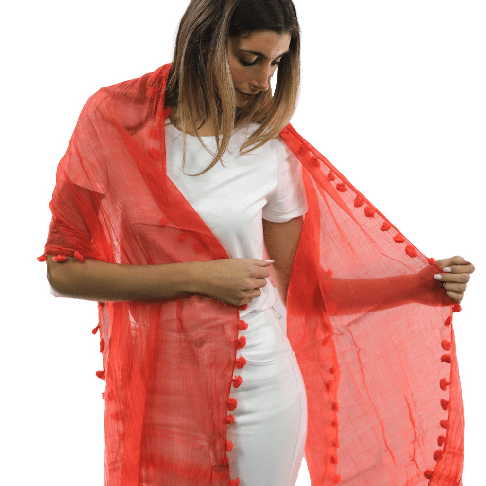 Solid Scarf w/ Pom Poms-Cantaloupe - Scarf - La FiorentinaEF-2188S