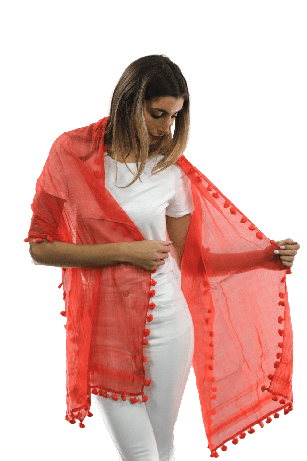 Solid Scarf w/ Pom Poms-Cantaloupe - Scarf - La FiorentinaEF-2188S