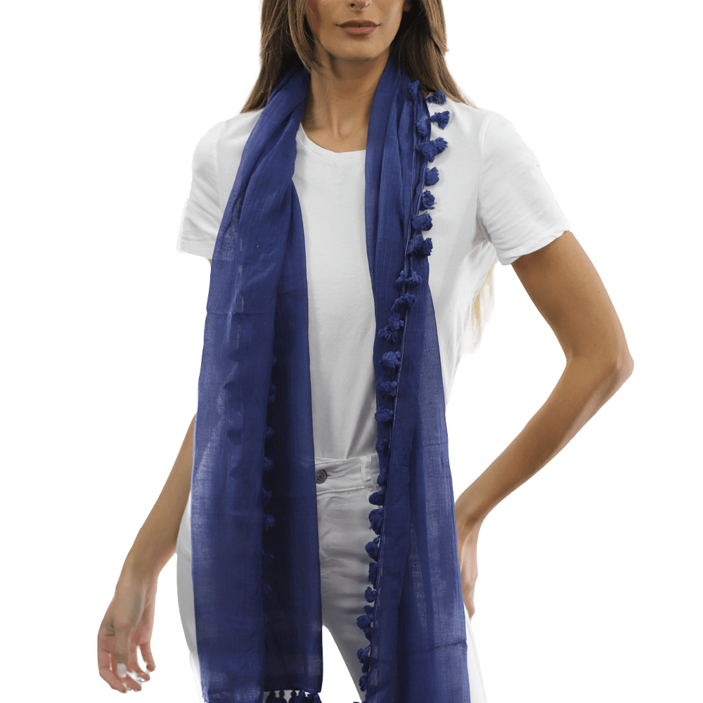 Solid Scarf w/ Pom Poms - Ocean Blue - Scarf - La Fiorentina EF-2188S