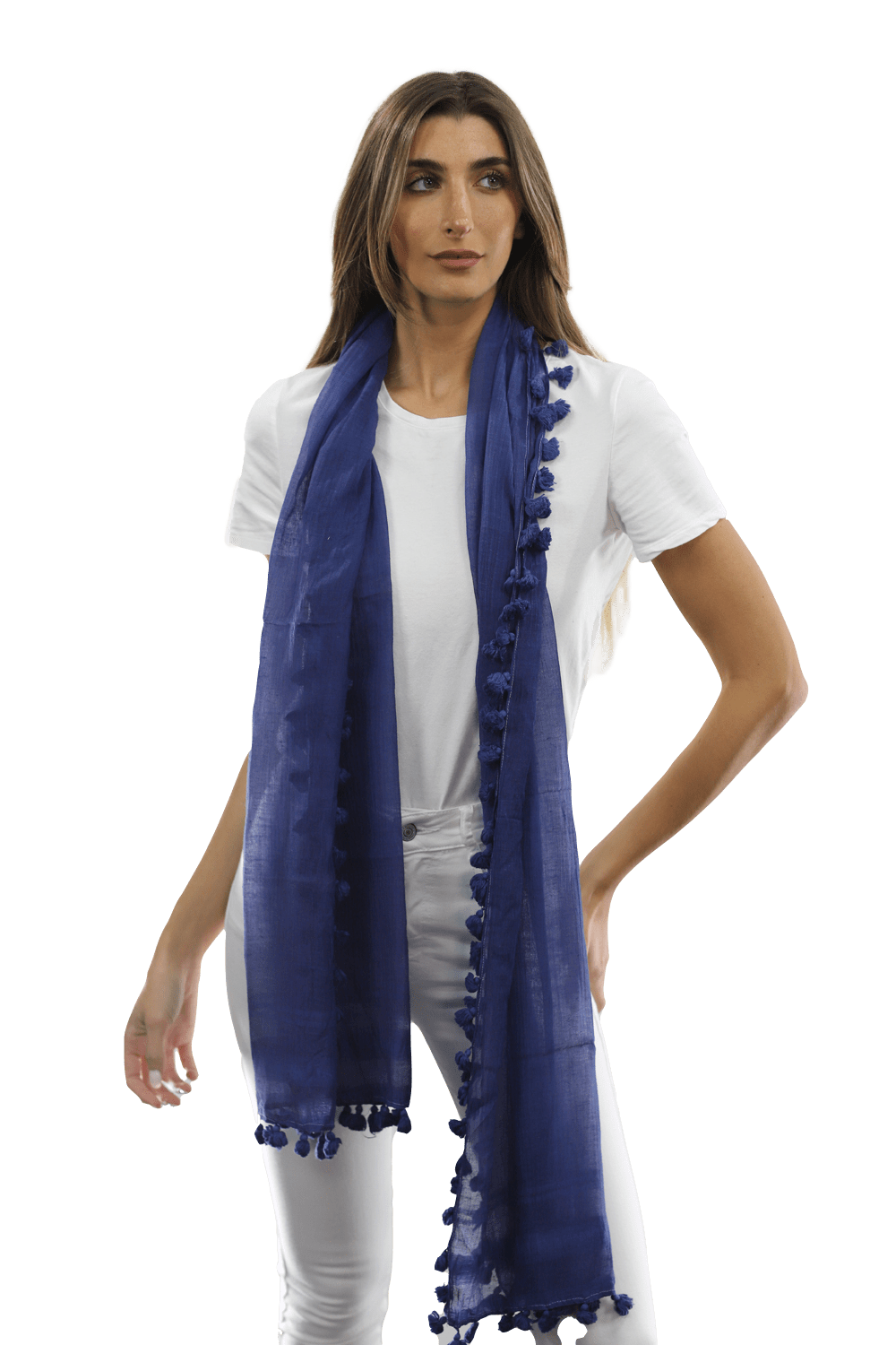 Solid Scarf w/ Pom Poms - Ocean Blue - Scarf - La Fiorentina EF-2188S
