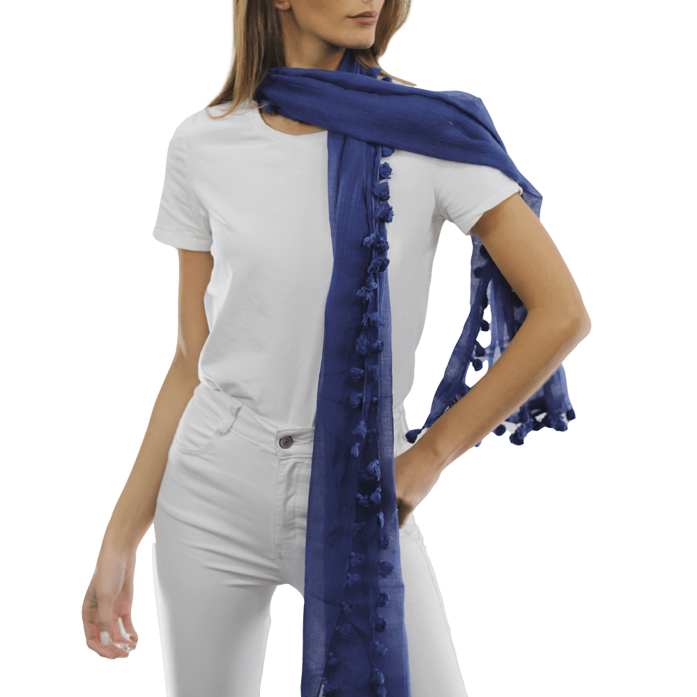 Solid Scarf w/ Pom Poms - Ocean Blue - Scarf - La Fiorentina EF-2188S
