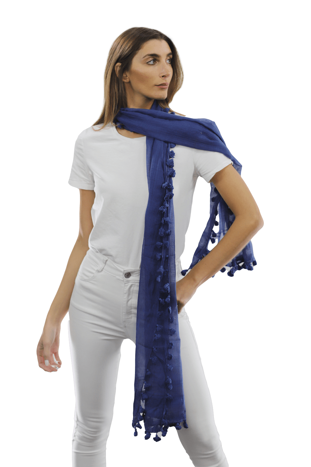 Solid Scarf w/ Pom Poms - Ocean Blue - Scarf - La Fiorentina EF-2188S