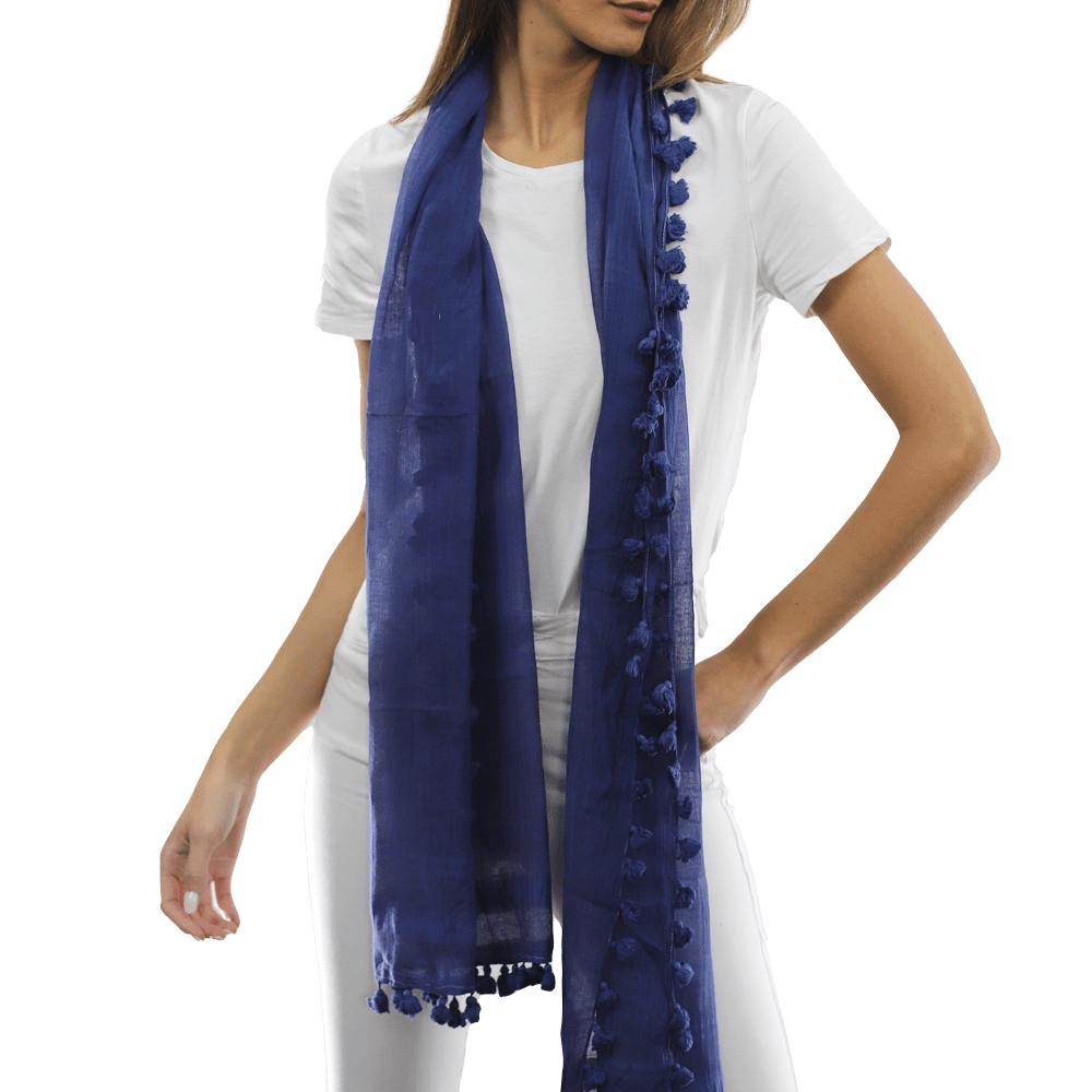 Solid Scarf w/ Pom Poms - Ocean Blue - Scarf - La Fiorentina EF-2188S