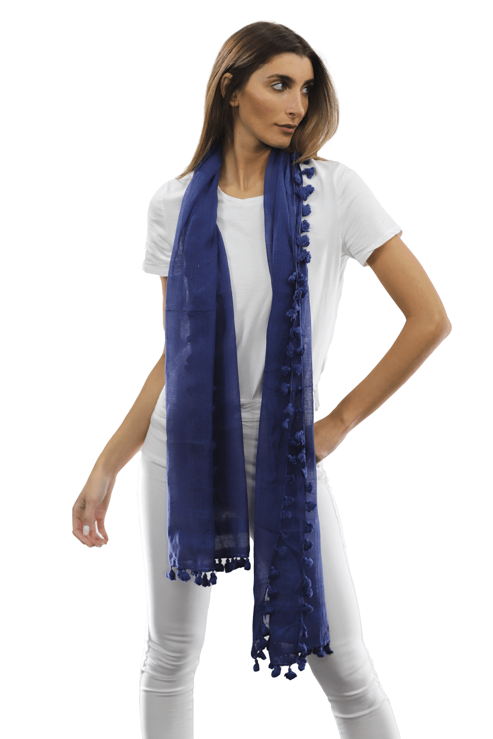 Solid Scarf w/ Pom Poms - Ocean Blue - Scarf - La Fiorentina EF-2188S