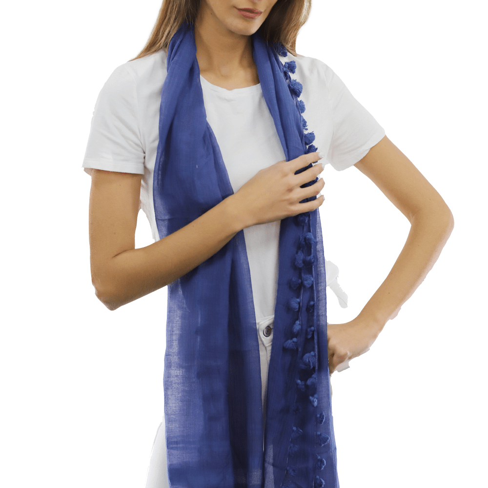 Solid Scarf w/ Pom Poms - Ocean Blue - Scarf - La Fiorentina EF-2188S