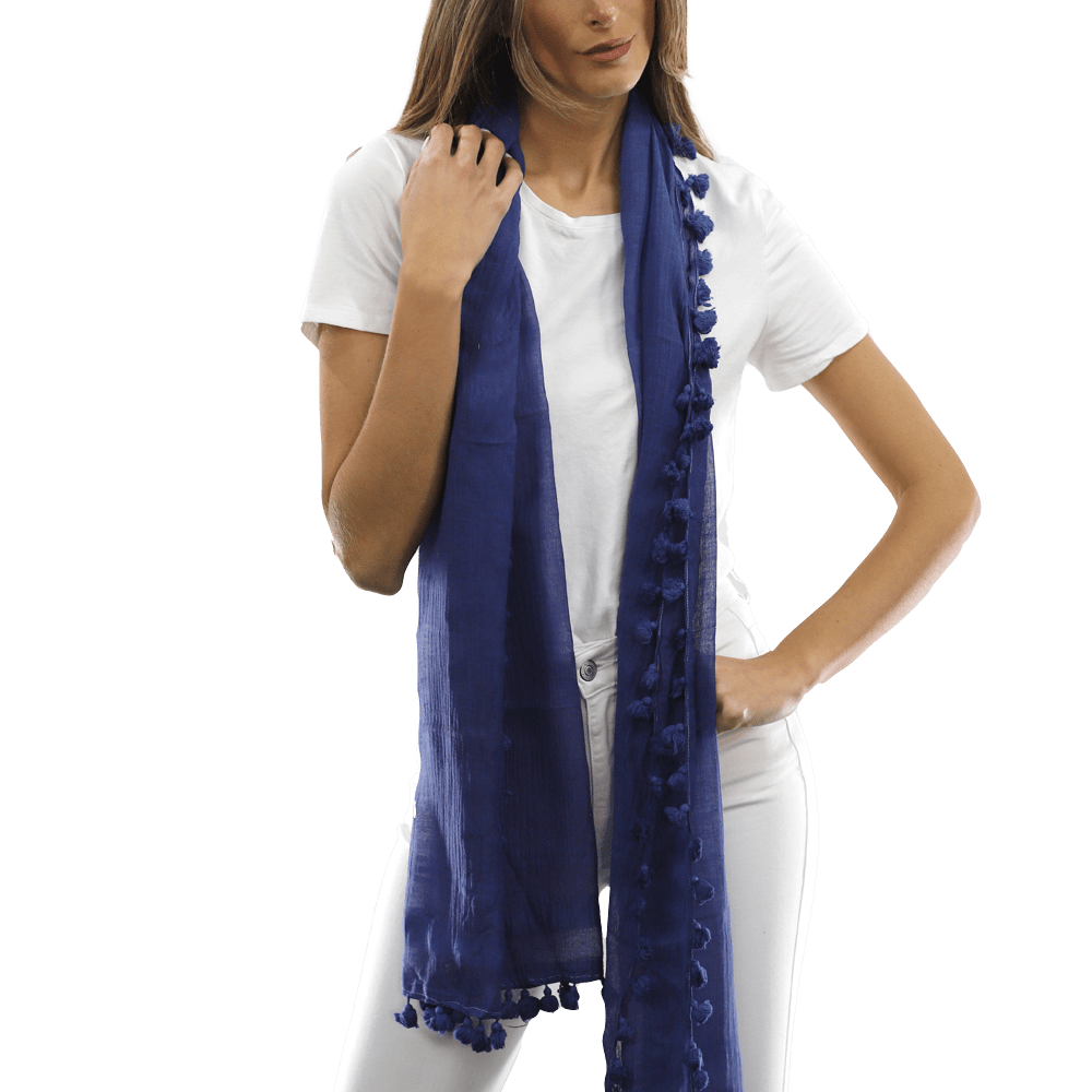 Solid Scarf w/ Pom Poms - Ocean Blue - Scarf - La Fiorentina EF-2188S