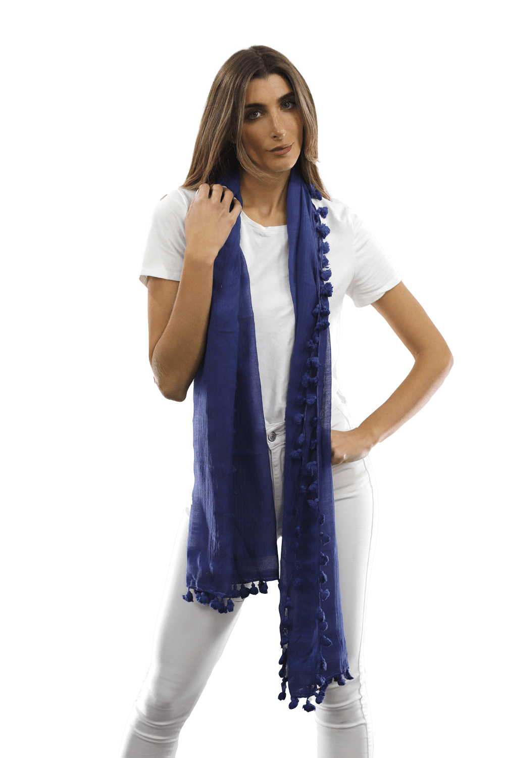 Solid Scarf w/ Pom Poms - Ocean Blue - Scarf - La Fiorentina EF-2188S
