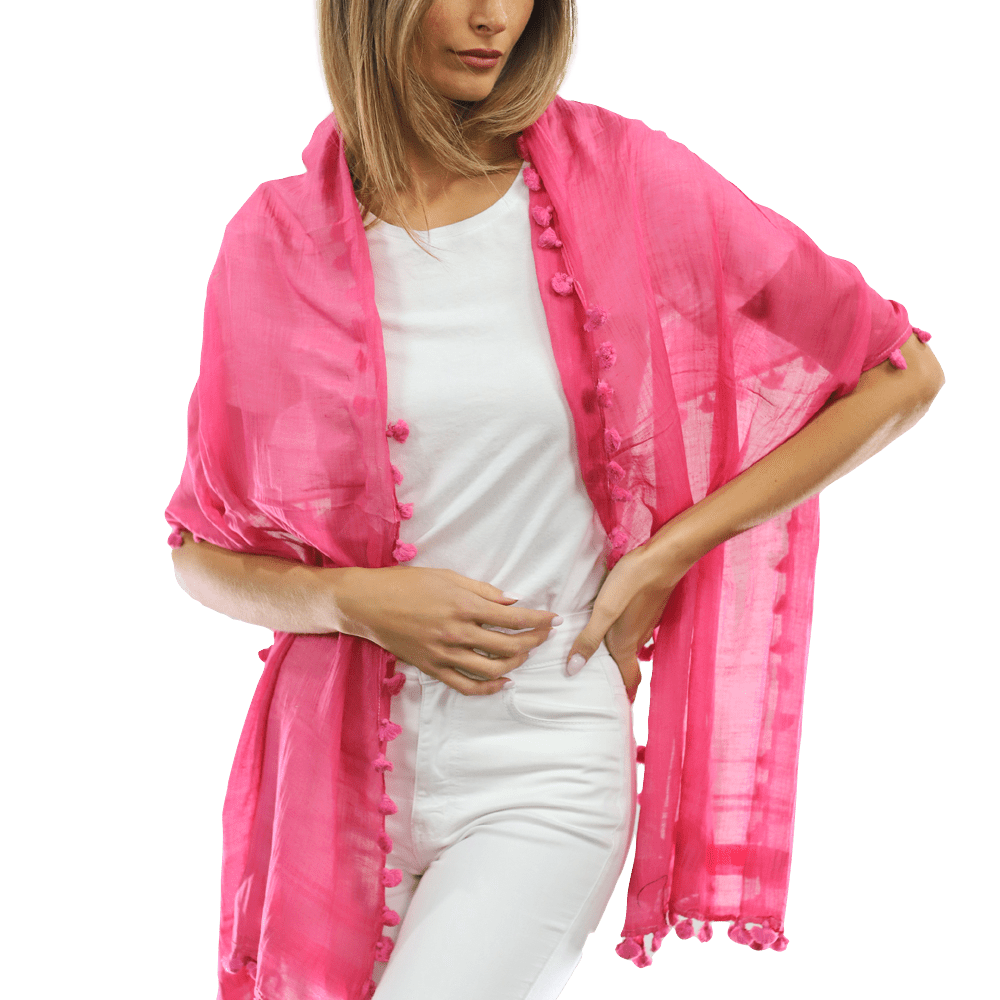 Solid Scarf w/ Pom Poms - Peony - Scarf - La Fiorentina EF-2188S