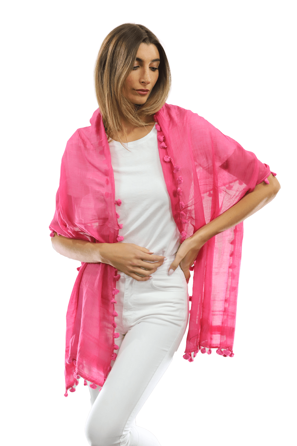 Solid Scarf w/ Pom Poms - Peony - Scarf - La Fiorentina EF-2188S