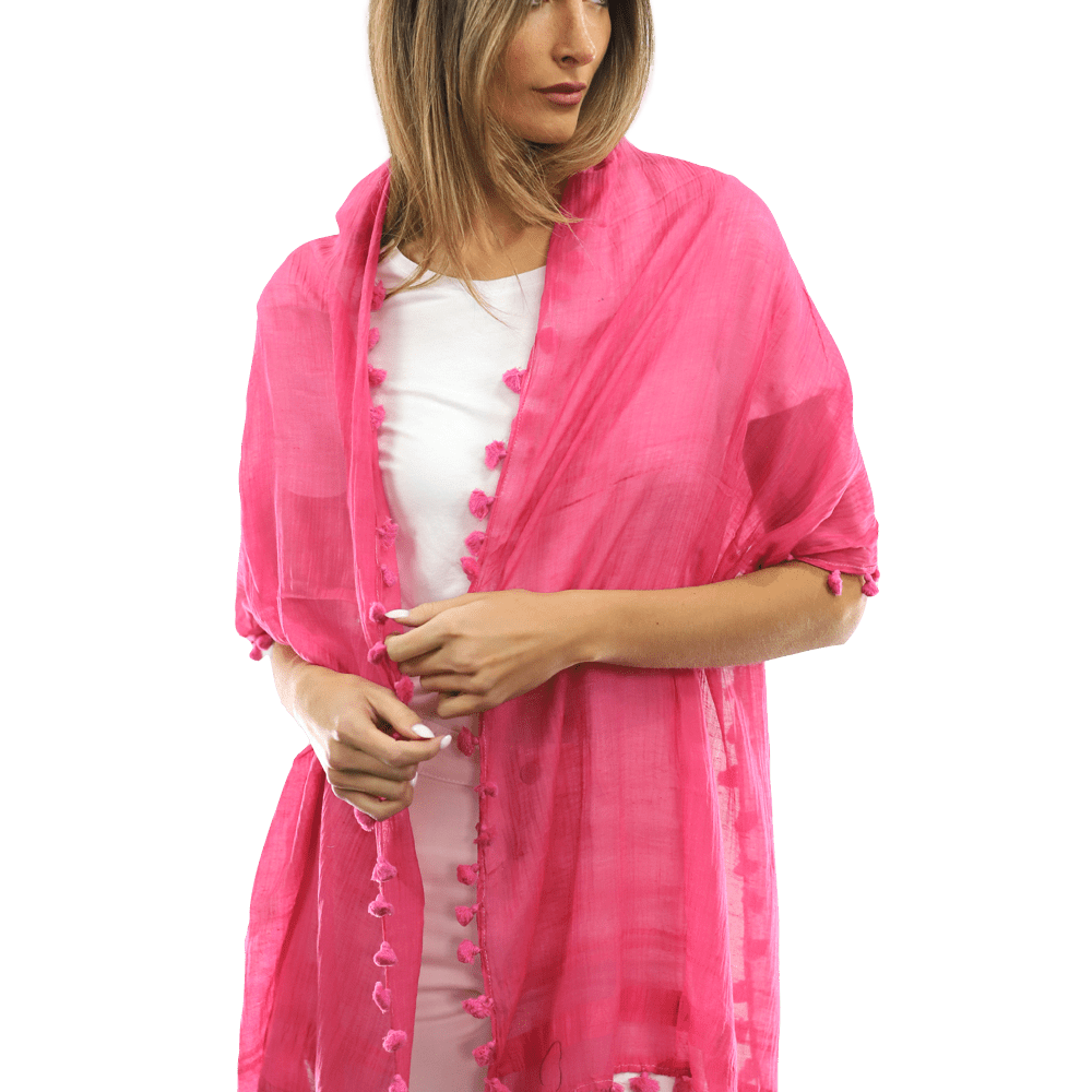 Solid Scarf w/ Pom Poms - Peony - Scarf - La Fiorentina EF-2188S