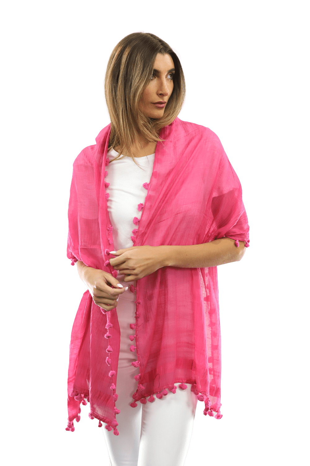 Solid Scarf w/ Pom Poms - Peony - Scarf - La Fiorentina EF-2188S