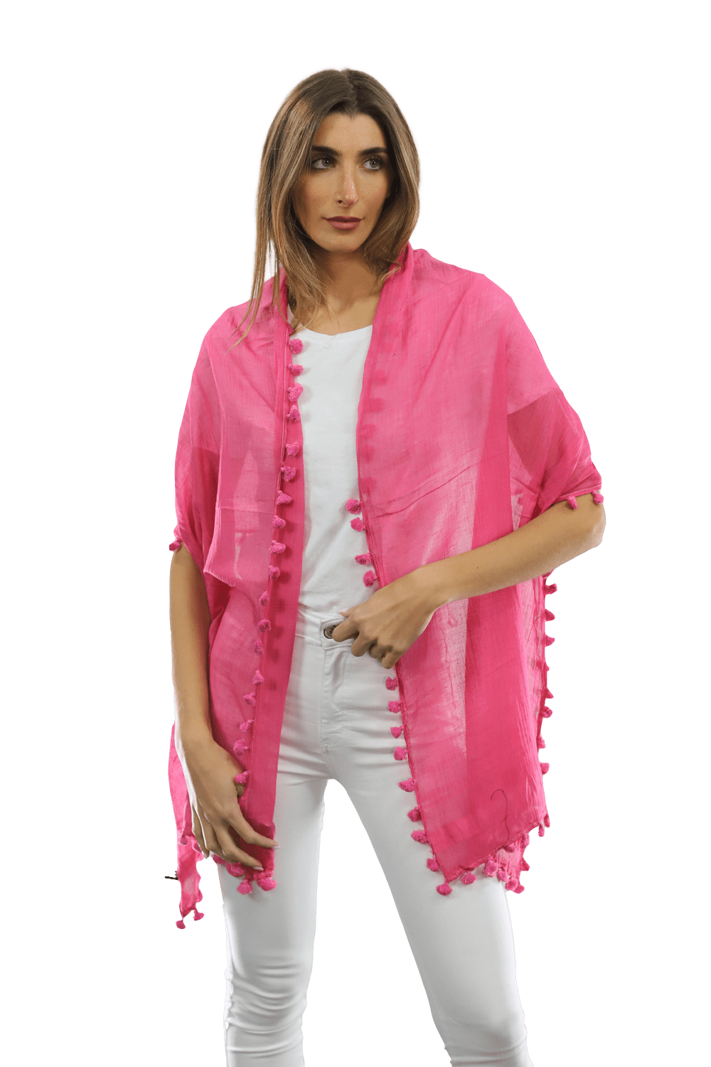 Solid Scarf w/ Pom Poms - Peony - Scarf - La Fiorentina EF-2188S